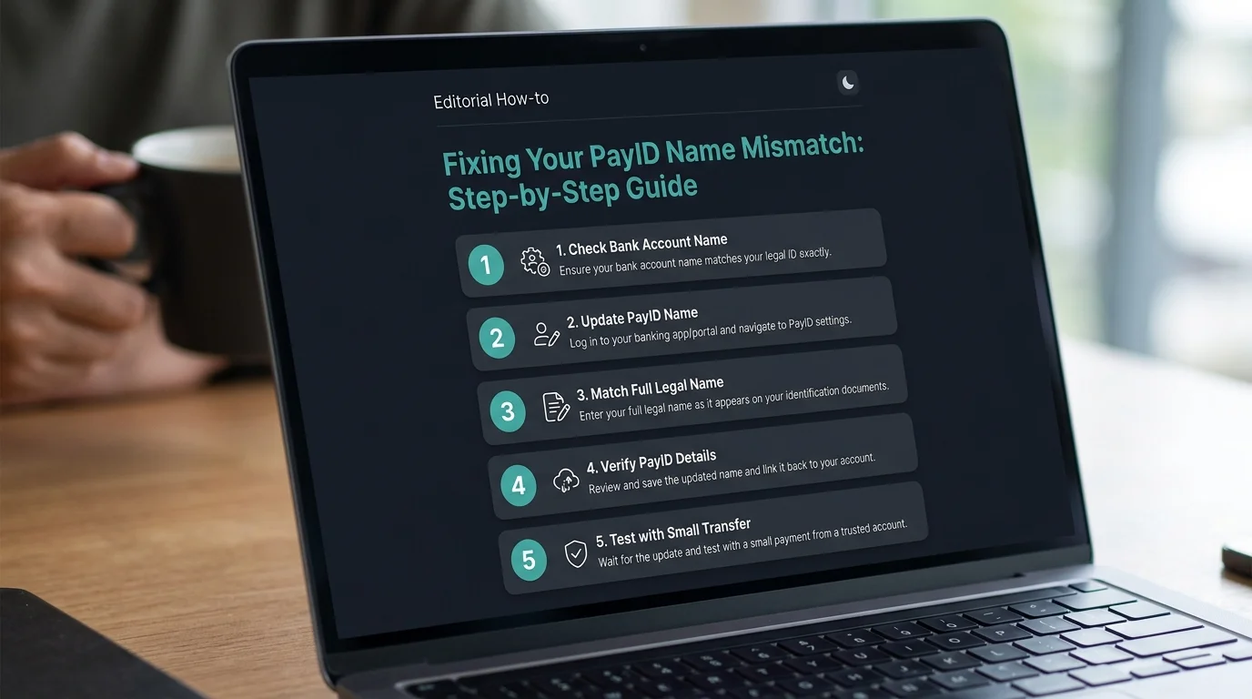 Numbered fix-it list outlining five steps to resolve a PayID name mismatch with an online casino on a laptop