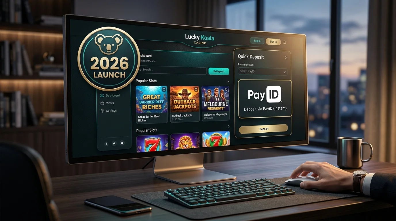 Fresh online casino lobby with a 2026-launch badge and PayID deposit method highlighted on a dark dashboard