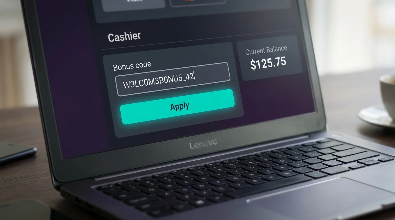 Bonus code text field inside a dark-themed online casino cashier with the apply button highlighted