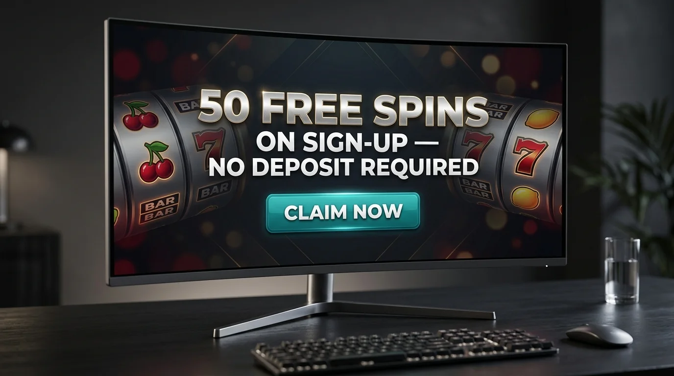 Promotional banner offering 50 free spins on registration without a deposit inside a dark casino lobby