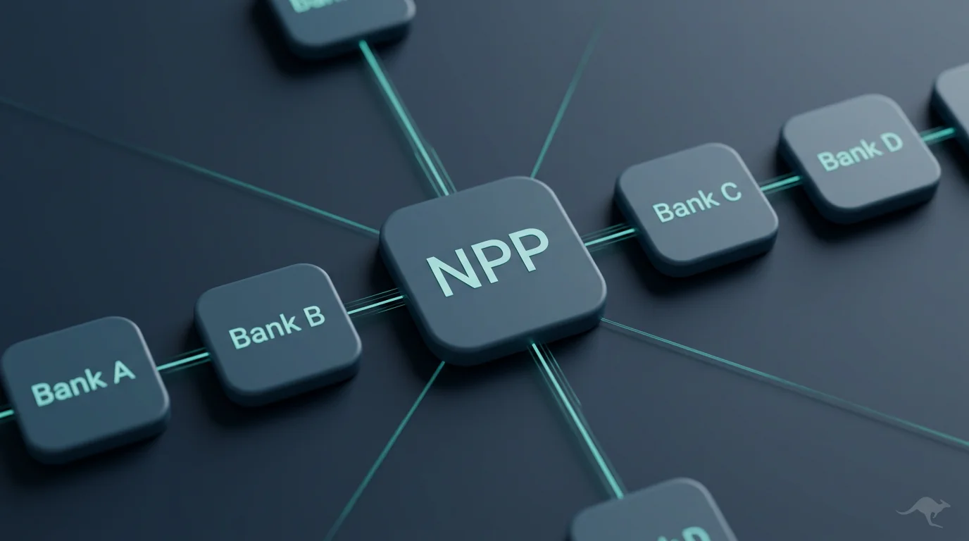 New Payments Platform infrastructure diagram showing Australian banks linked by a real-time settlement rail with a PayID alias as the routing identifier.