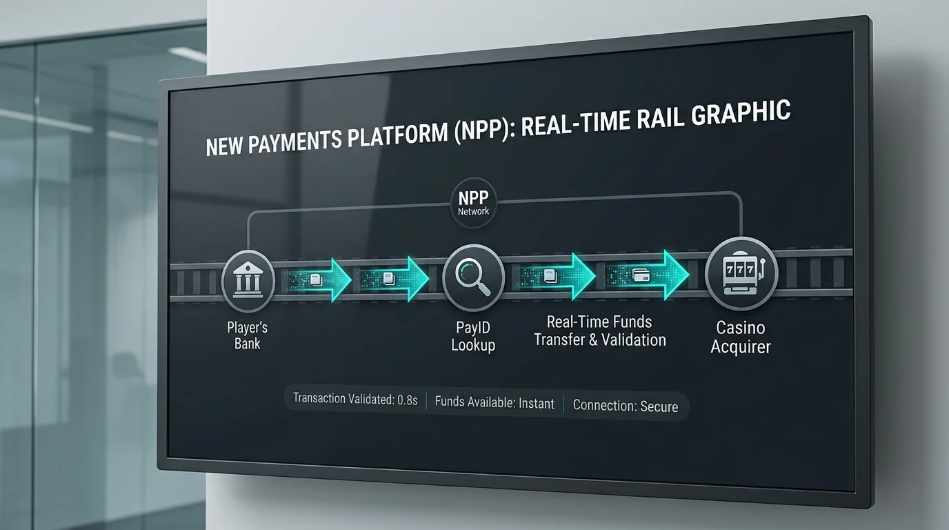 Visual showing the New Payments Platform real-time rail powering PayID transfers between bank and casino accounts