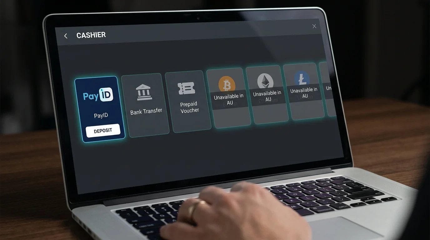Offshore casino cashier showing PayID as the leading Australian deposit method with crypto methods removed