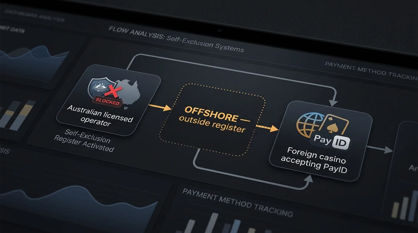 Diagram showing the offshore casino gap where BetStop coverage ends and a PayID deposit can still reach a foreign operator