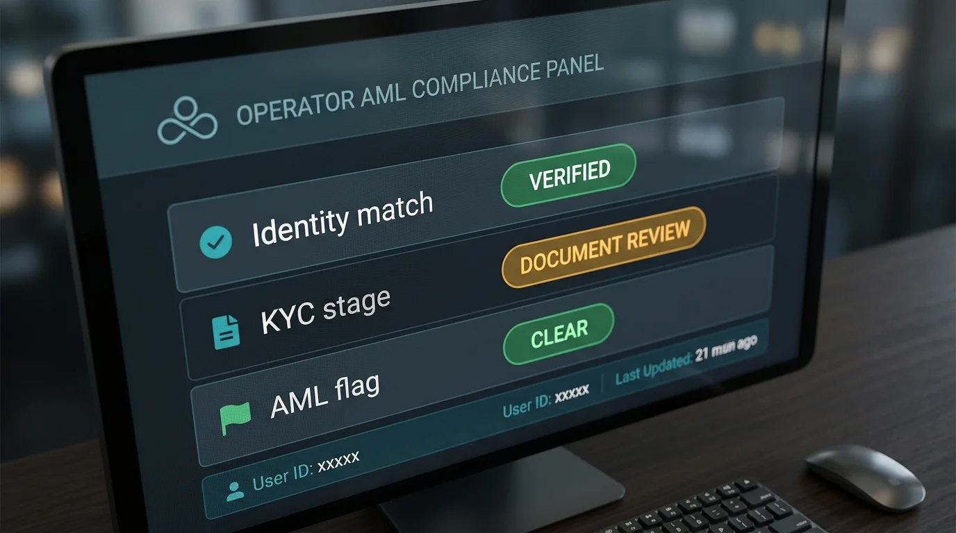Casino compliance dashboard panel showing identity match status and AML flag indicators for a sample account