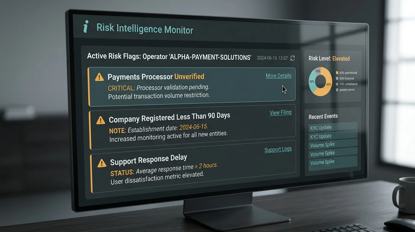 Risk signal dashboard panel highlighting an unverified payments processor and short company history for a new operator