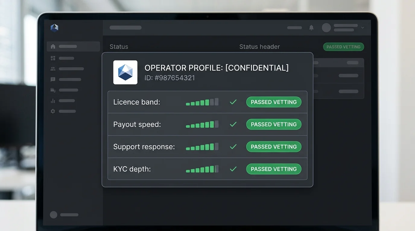 Anonymised operator profile card showing licence band, payout speed and support quality scores on a dark dashboard