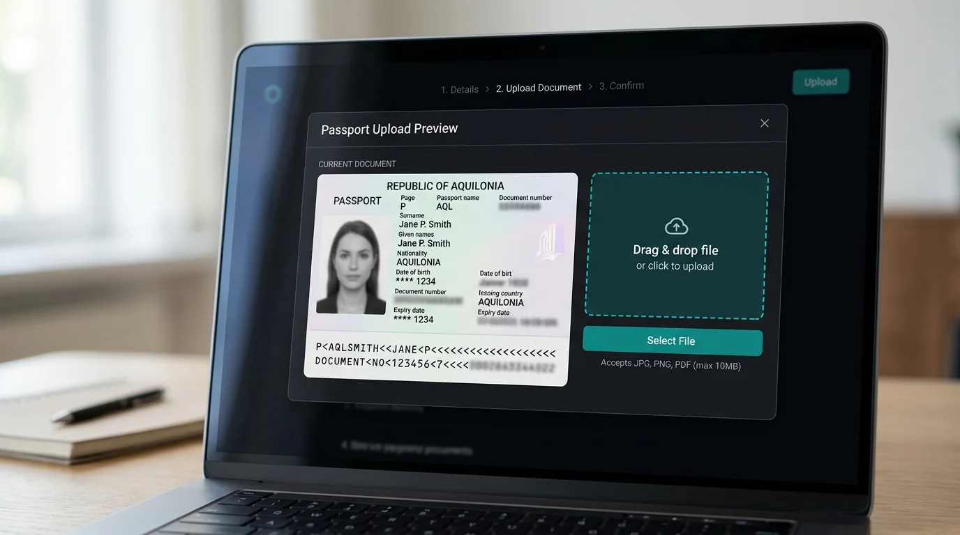 Document upload preview showing a passport page being prepared for KYC submission at an online casino