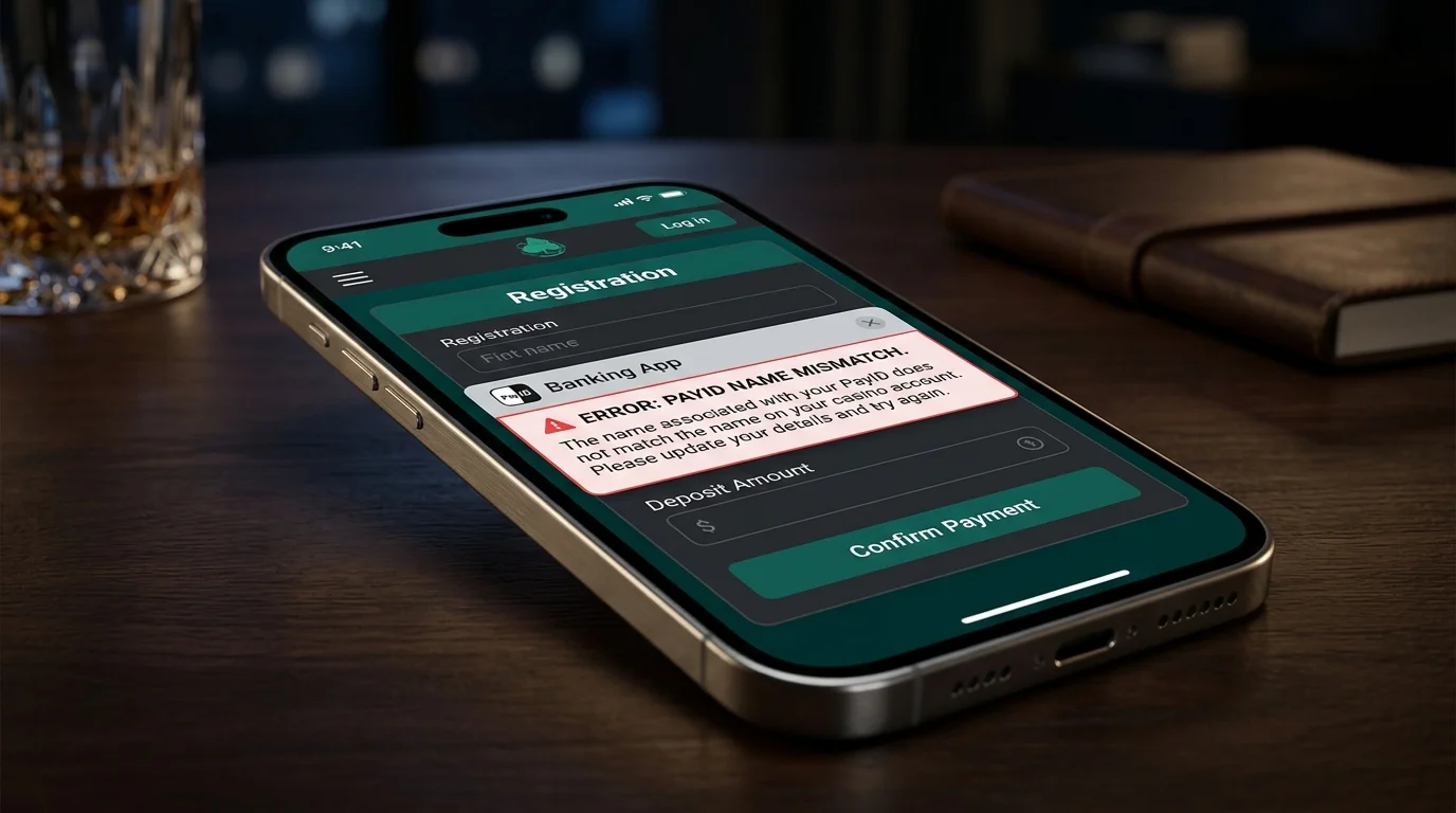 Banking app error message indicating a PayID account name mismatch beside a casino registration field on a dark dashboard
