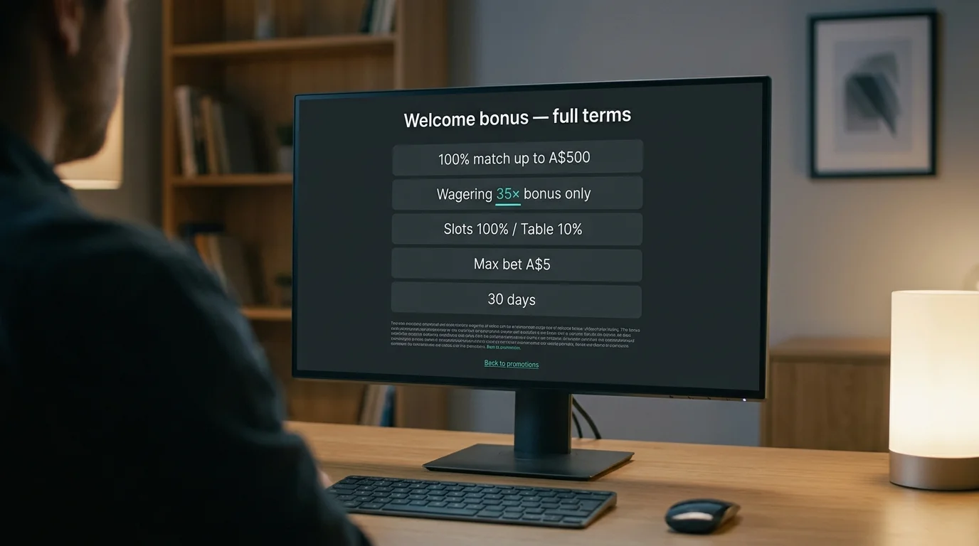 Casino welcome bonus terms panel with wagering formula notation