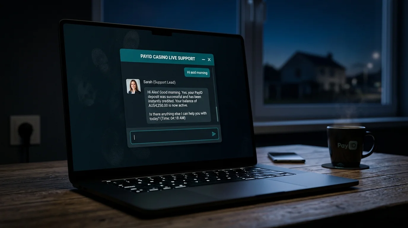 Online casino live chat window in dark mode showing a helpful support agent response in the early morning hours