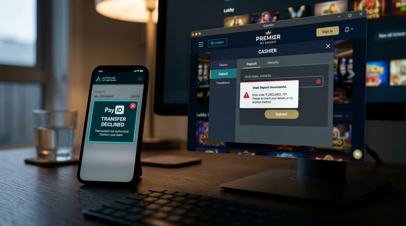 Banking app showing a declined PayID transfer alert beside an open casino cashier window on a desktop dashboard