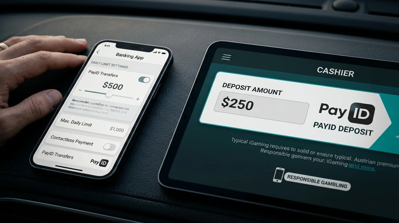 Banking app limit settings page beside a casino cashier deposit field showing PayID logo on a dark dashboard