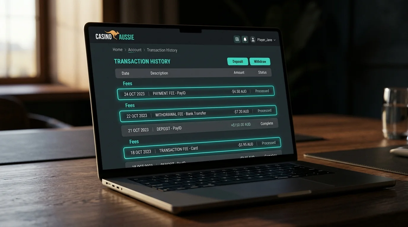Casino account transaction history with several fee line items highlighted in a dark dashboard interface