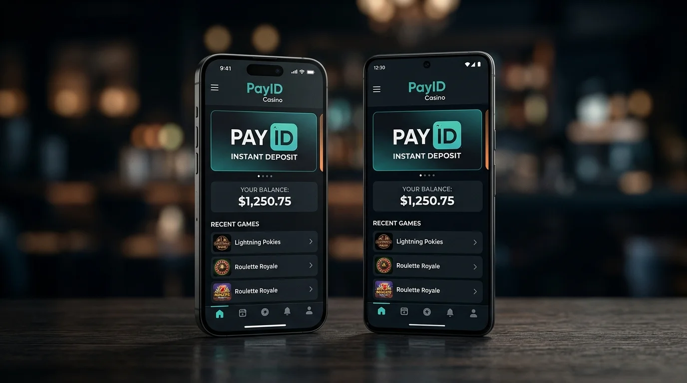 iPhone and Android phone side by side displaying the same PayID casino progressive web app interface in dark mode
