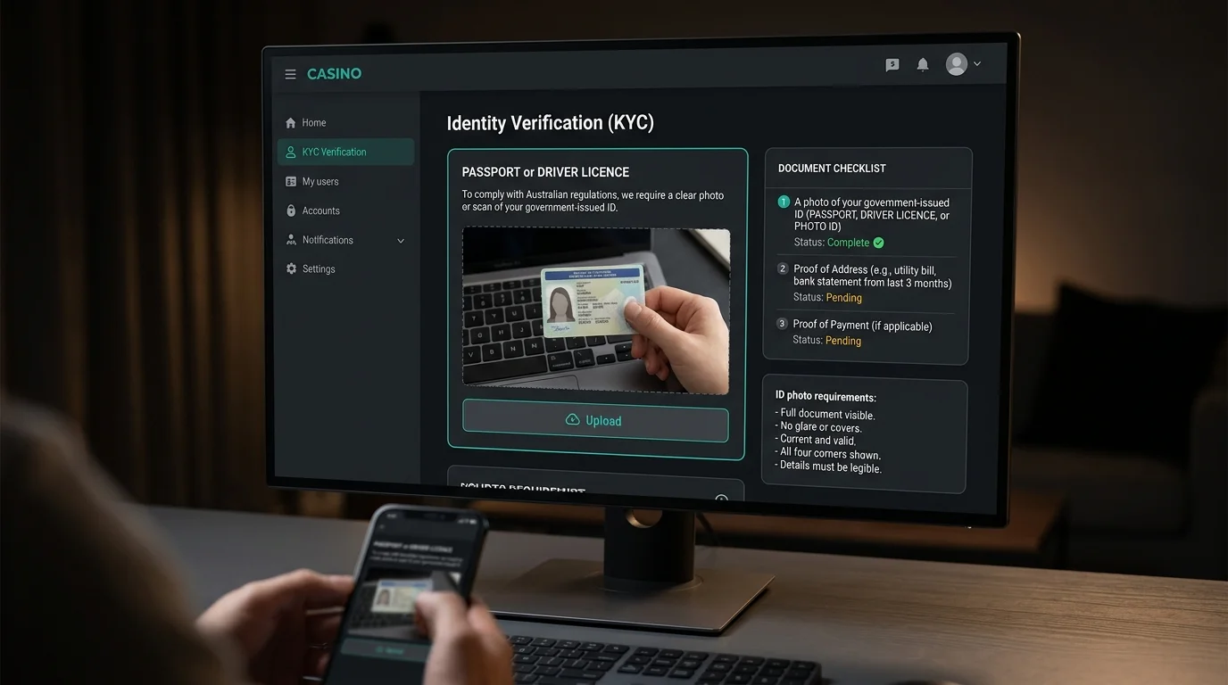 Online casino KYC verification page with passport photo upload field and document checklist on a dark dashboard