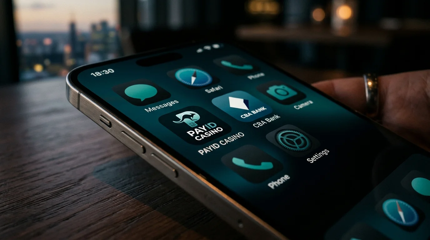 Smartphone home screen with a PayID casino progressive web app icon installed beside a banking app