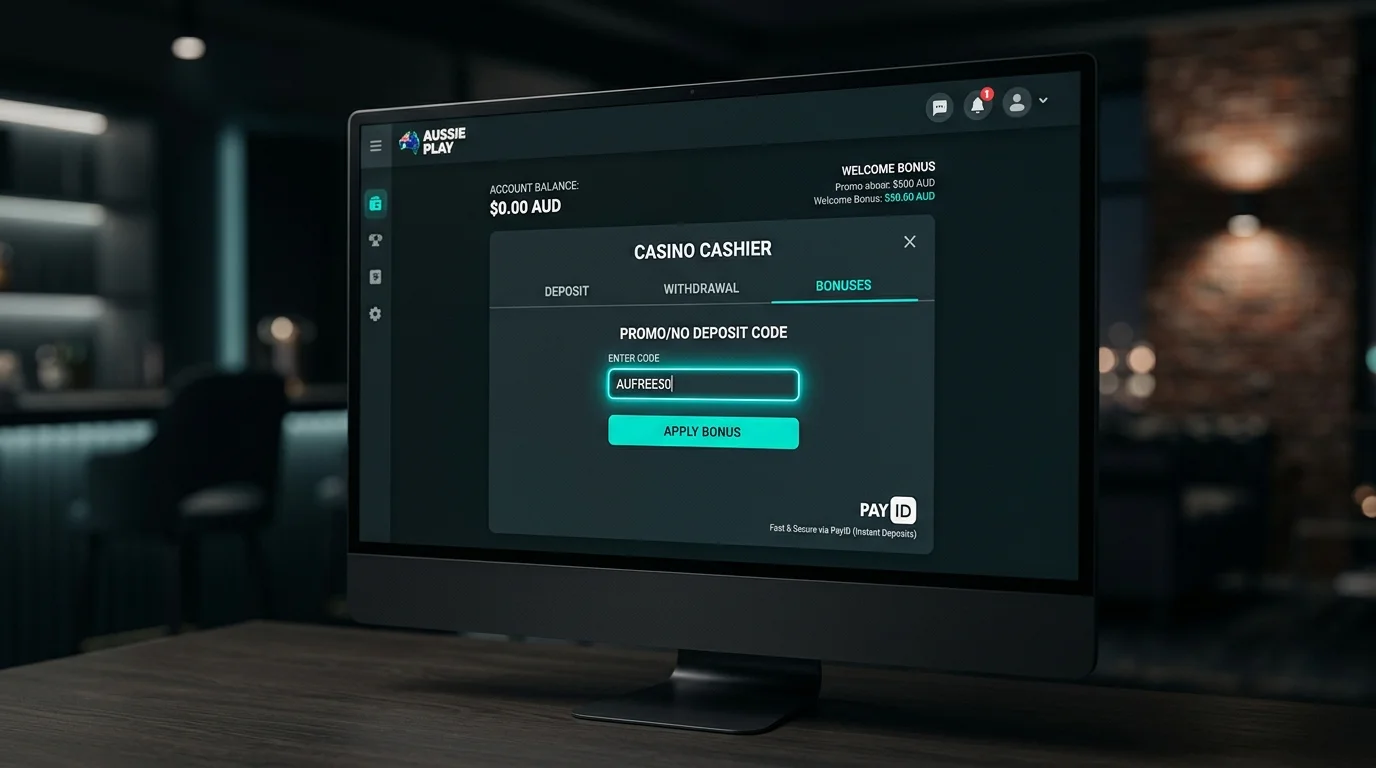 Casino cashier screen with a no-deposit bonus code field highlighted on a dark dashboard