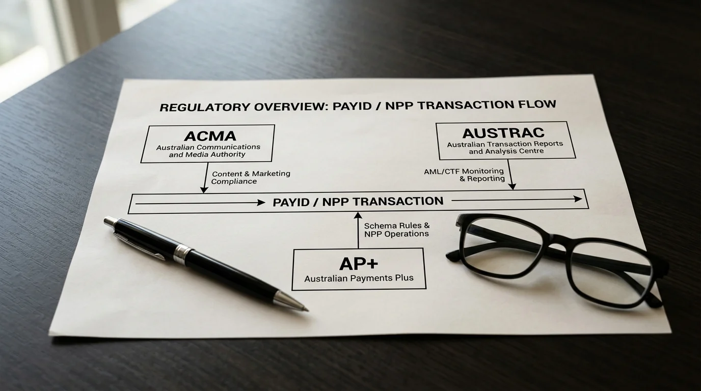 Australian regulatory map of ACMA AUSTRAC and AP+ jurisdictions over PayID flow