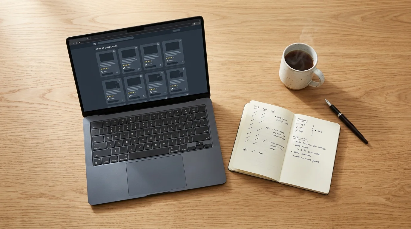 Tidy desk overhead shot with a laptop showing a list-style page, a notebook with handwritten ticks beside it and a pen, daylight from the left.
