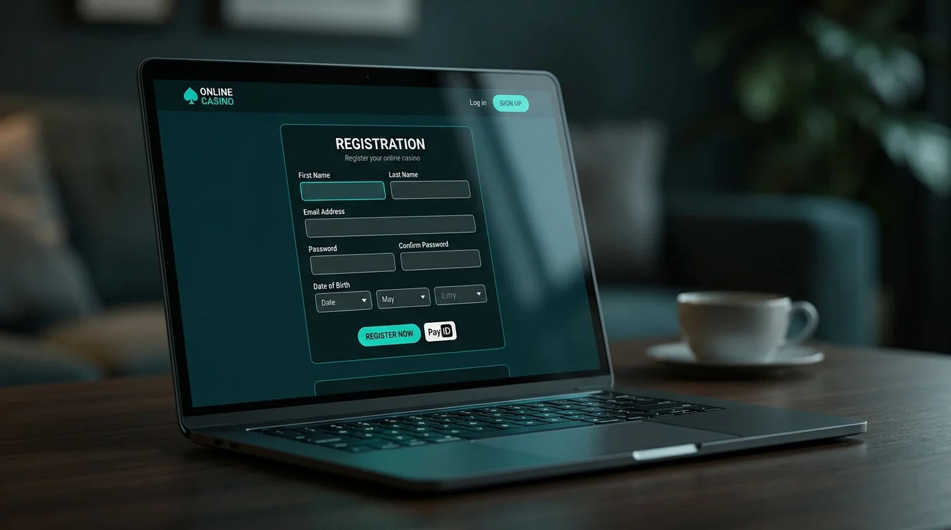 Online casino registration page on a laptop with email, password and date-of-birth fields ready to be filled