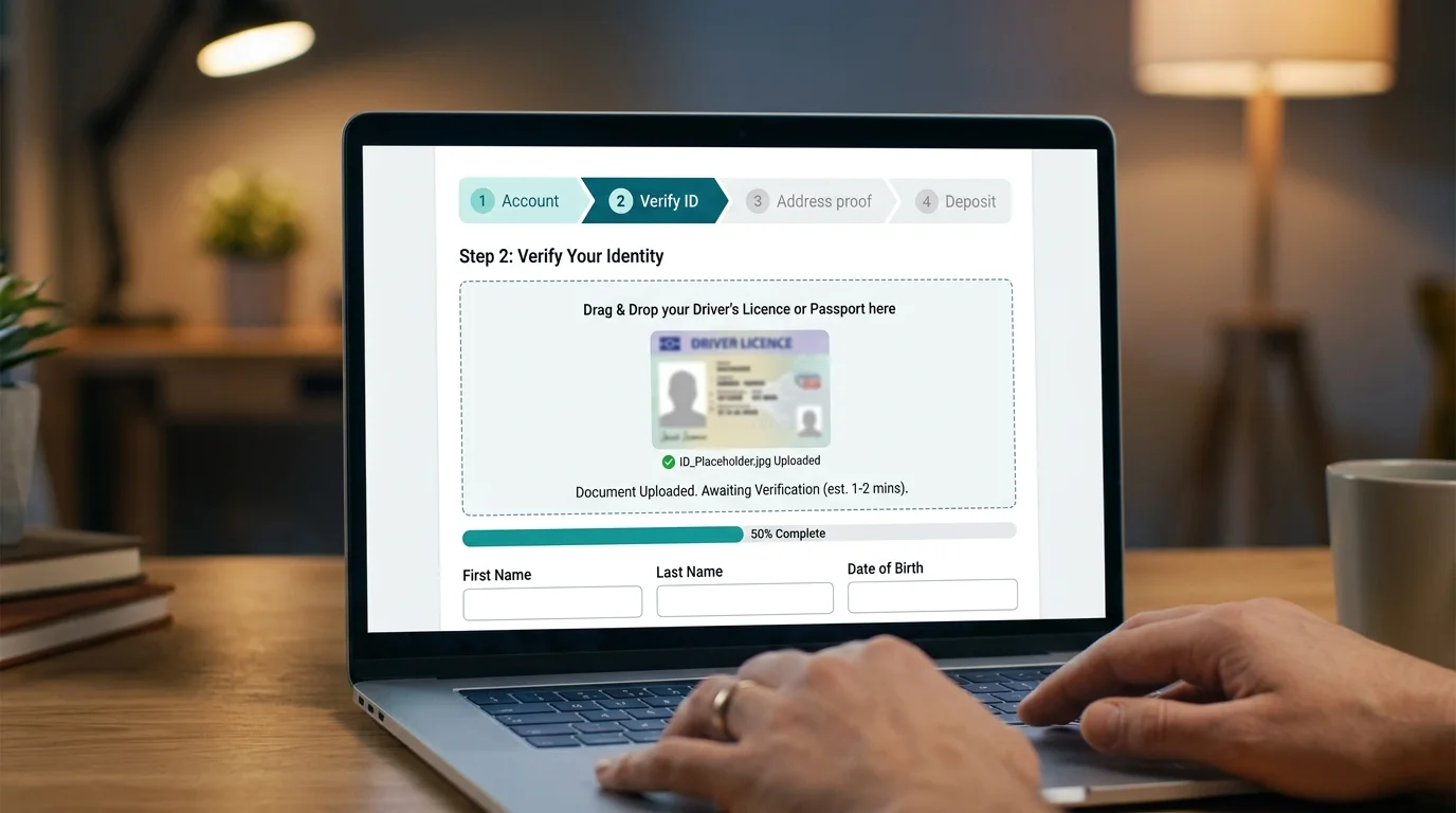Step-by-step casino sign-up process with KYC document upload
