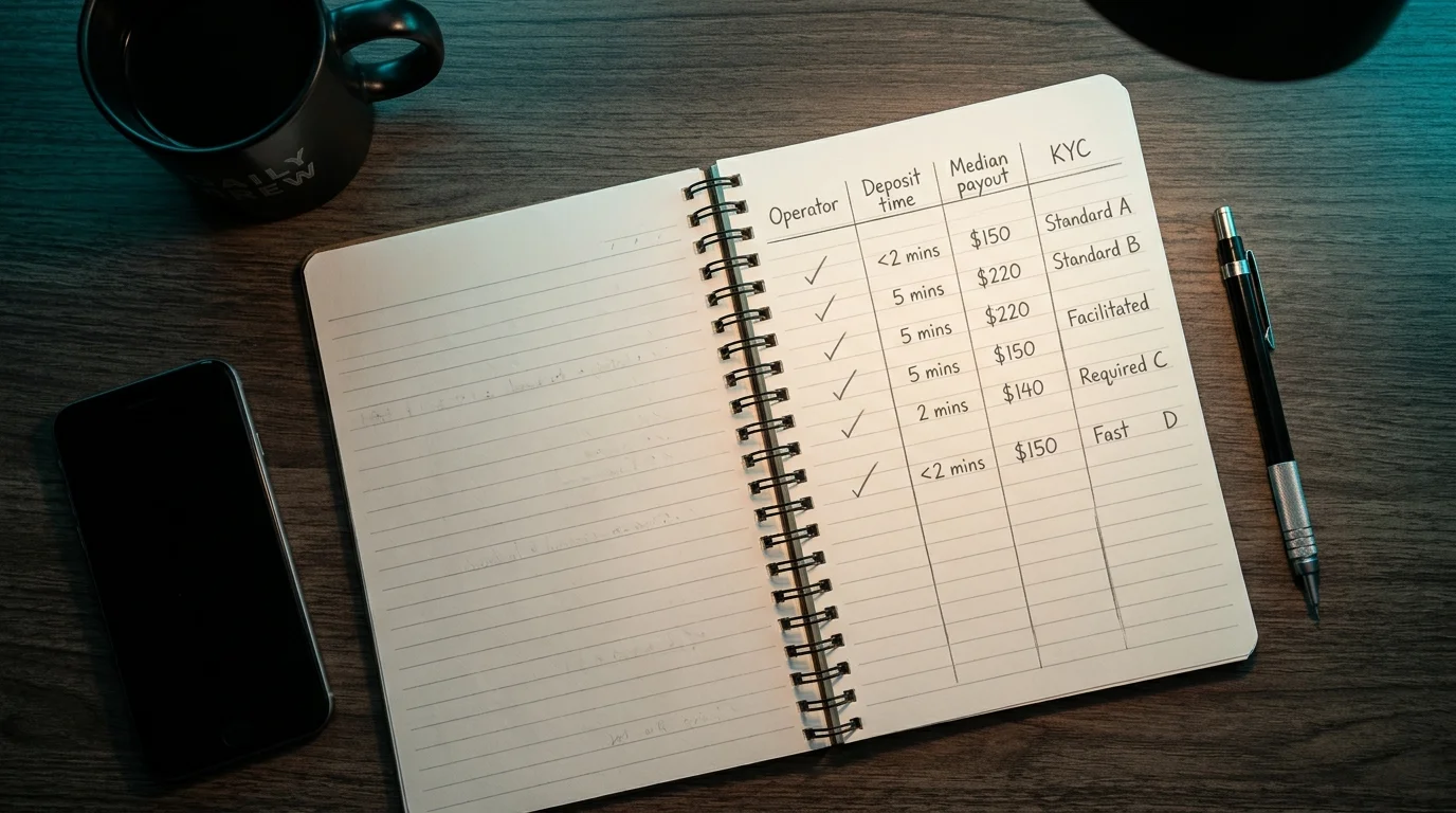 Casino testing methodology notebook with operator scorecards and timing benchmarks