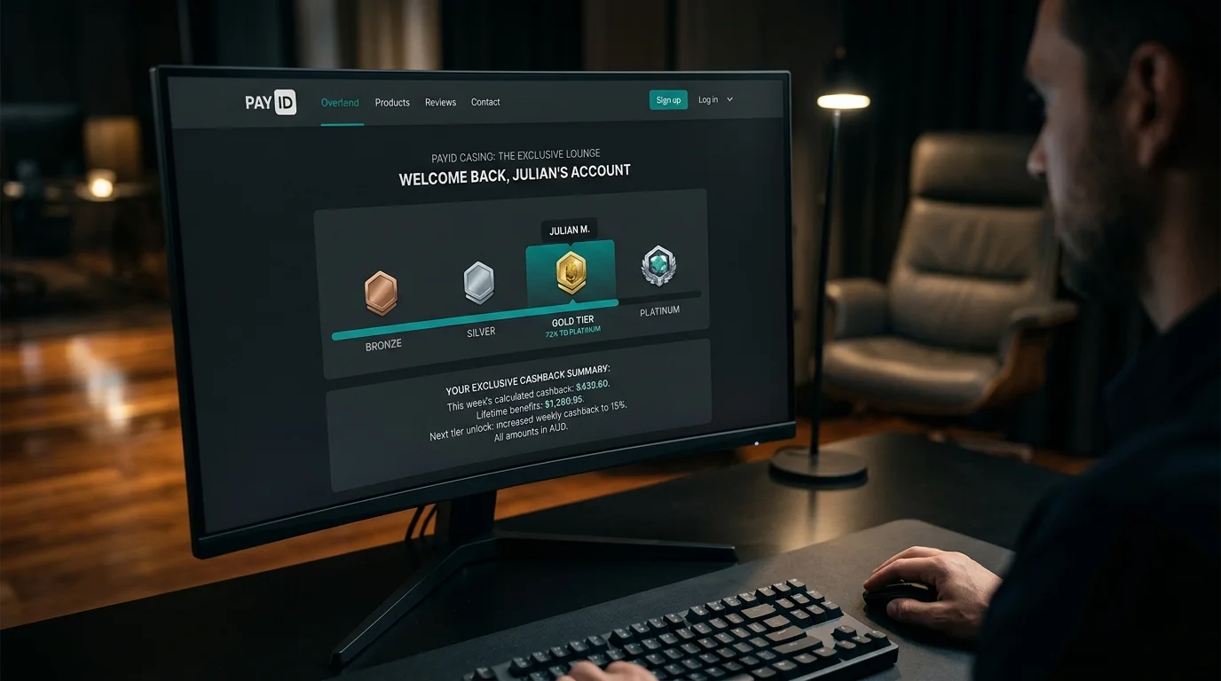 Casino VIP dashboard with multi-tier ladder progress and personalised cashback summary on a dark account page