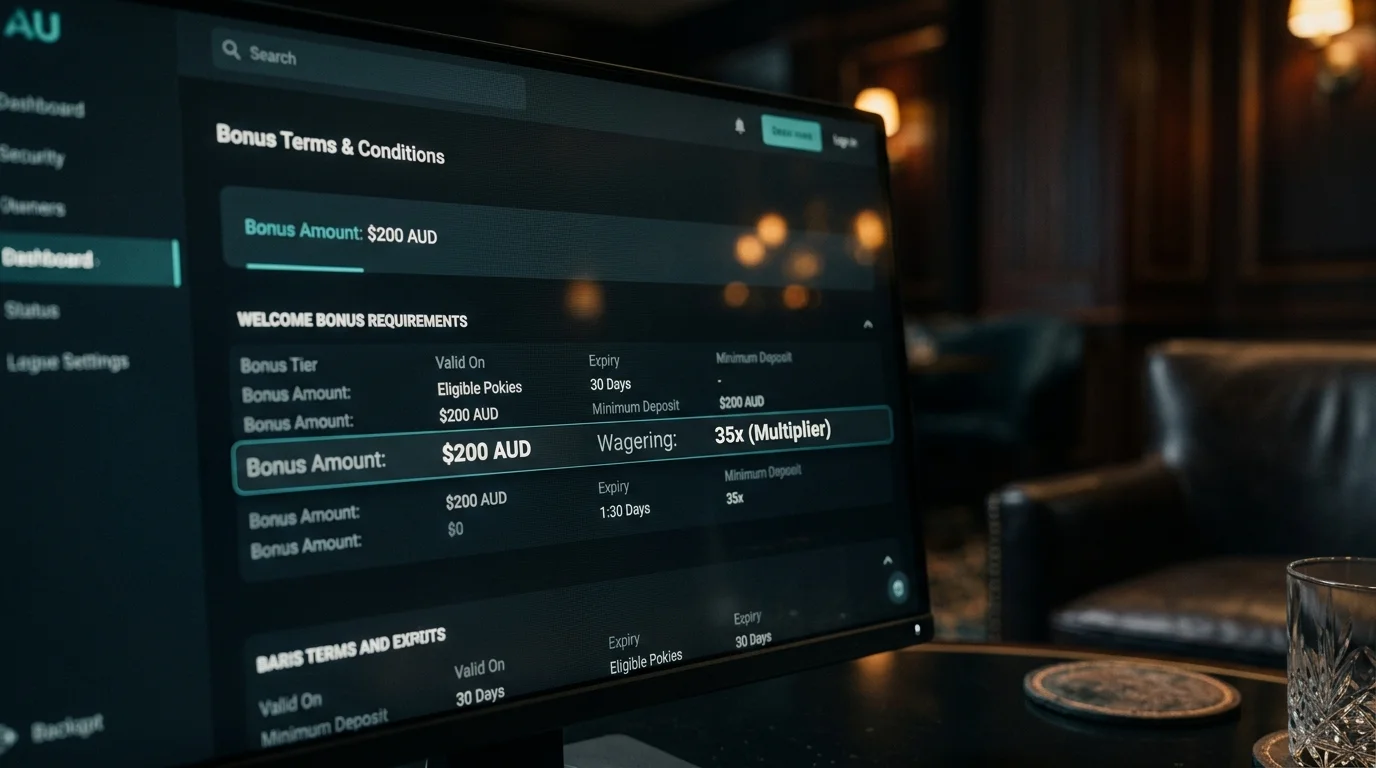 Casino bonus terms page on a dark dashboard with a 35x wagering multiplier highlighted next to a sample bonus value