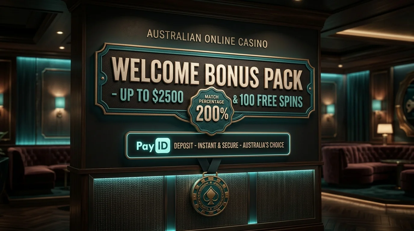 Welcome bonus banner inside a dark online casino lobby with a match percentage badge and PayID deposit option highlighted