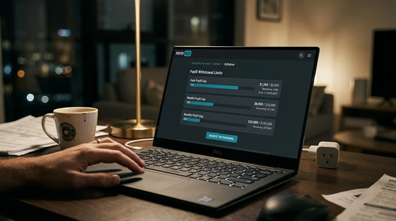 Casino withdrawal page showing daily, weekly and monthly PayID cap fields with progress bars on a dark dashboard
