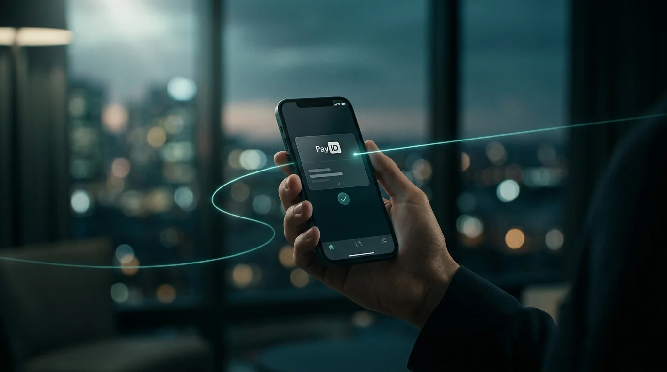 Visualisation of the PayID payment rail connecting an Australian banking app to an offshore online casino cashier over the NPP infrastructure.