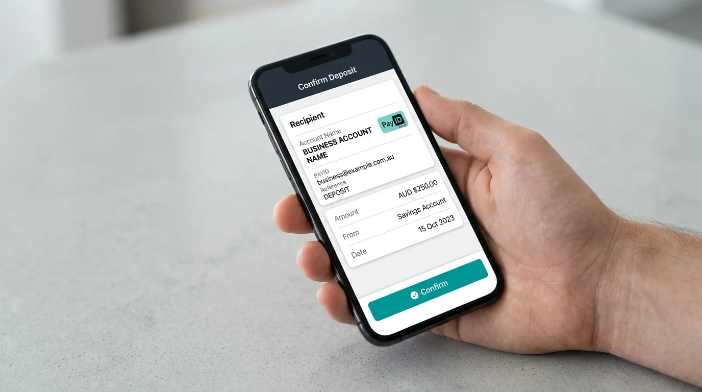 Hand holding a smartphone running an Australian banking app, the cashier confirmation screen visible with the casino account name returned by the lookup service.