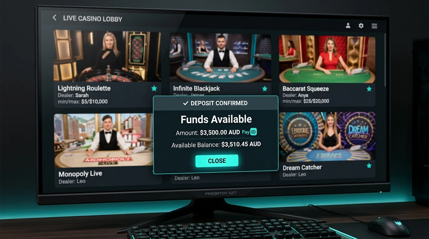 Live dealer lobby in the background with a PayID deposit confirmation modal in the foreground on a desktop screen