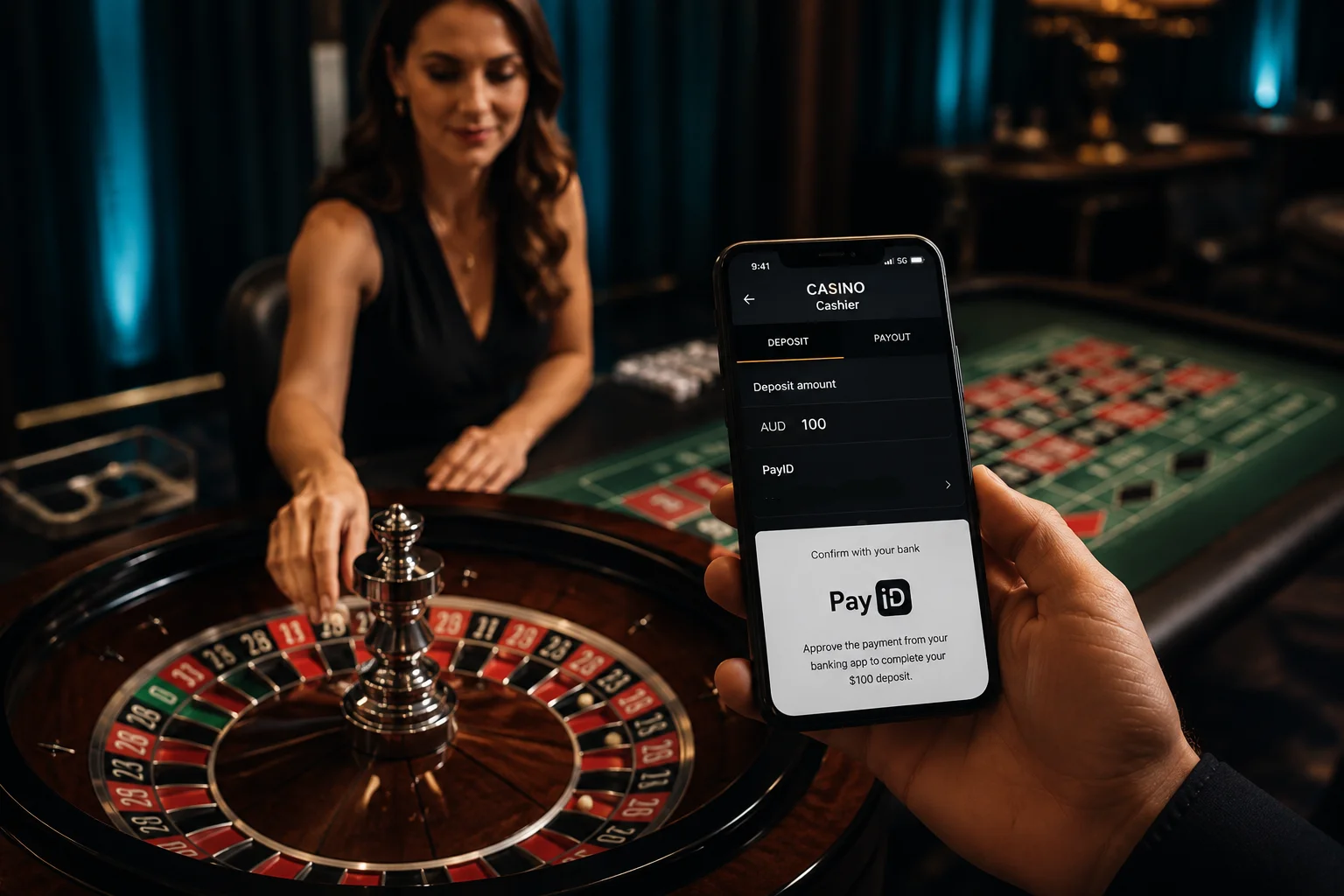 Live dealer roulette table with croupier spinning the wheel on a smartphone overlay showing a PayID deposit confirmation