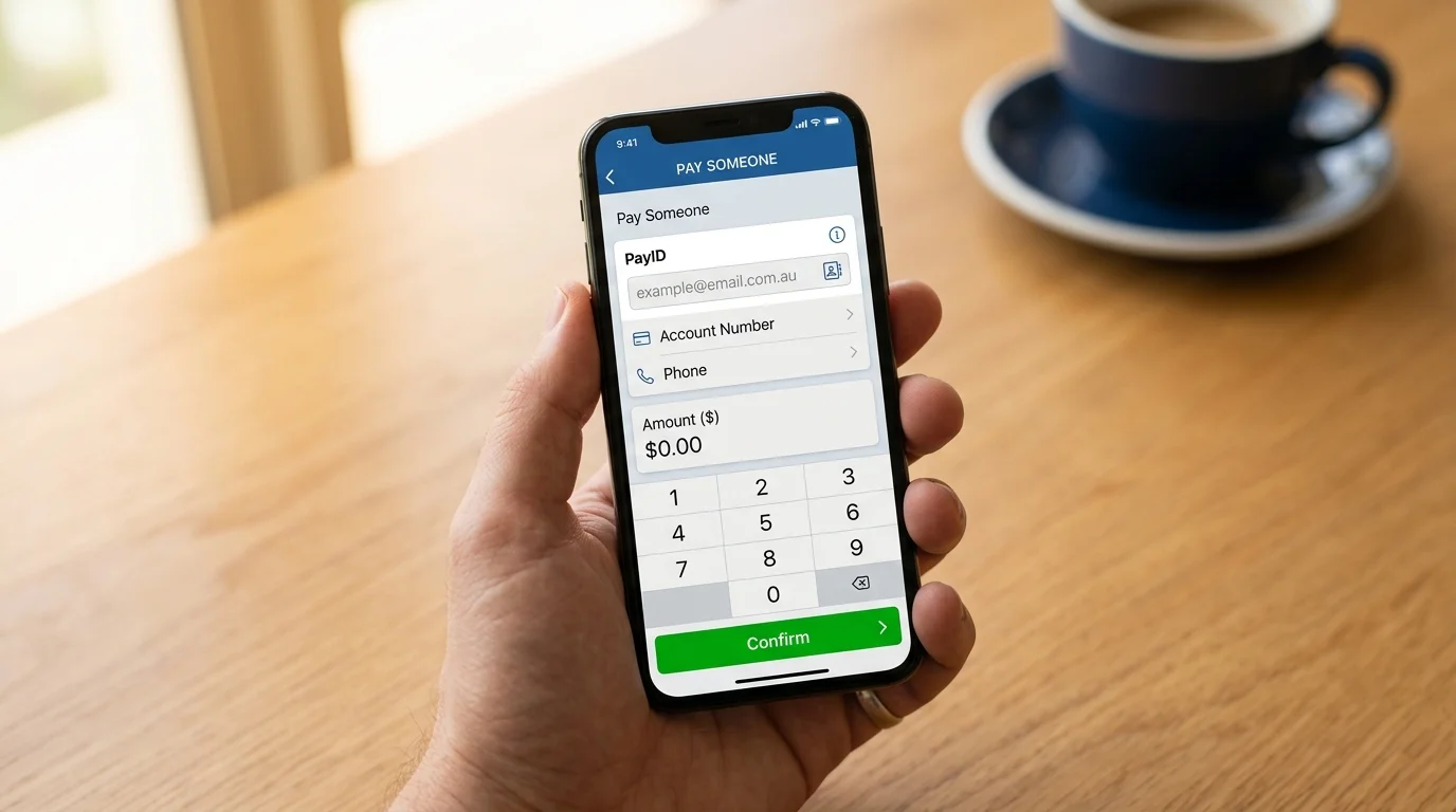 Australian smartphone banking app open on the Pay Someone screen with a PayID alias entered and a confirmation prompt awaiting biometric approval.