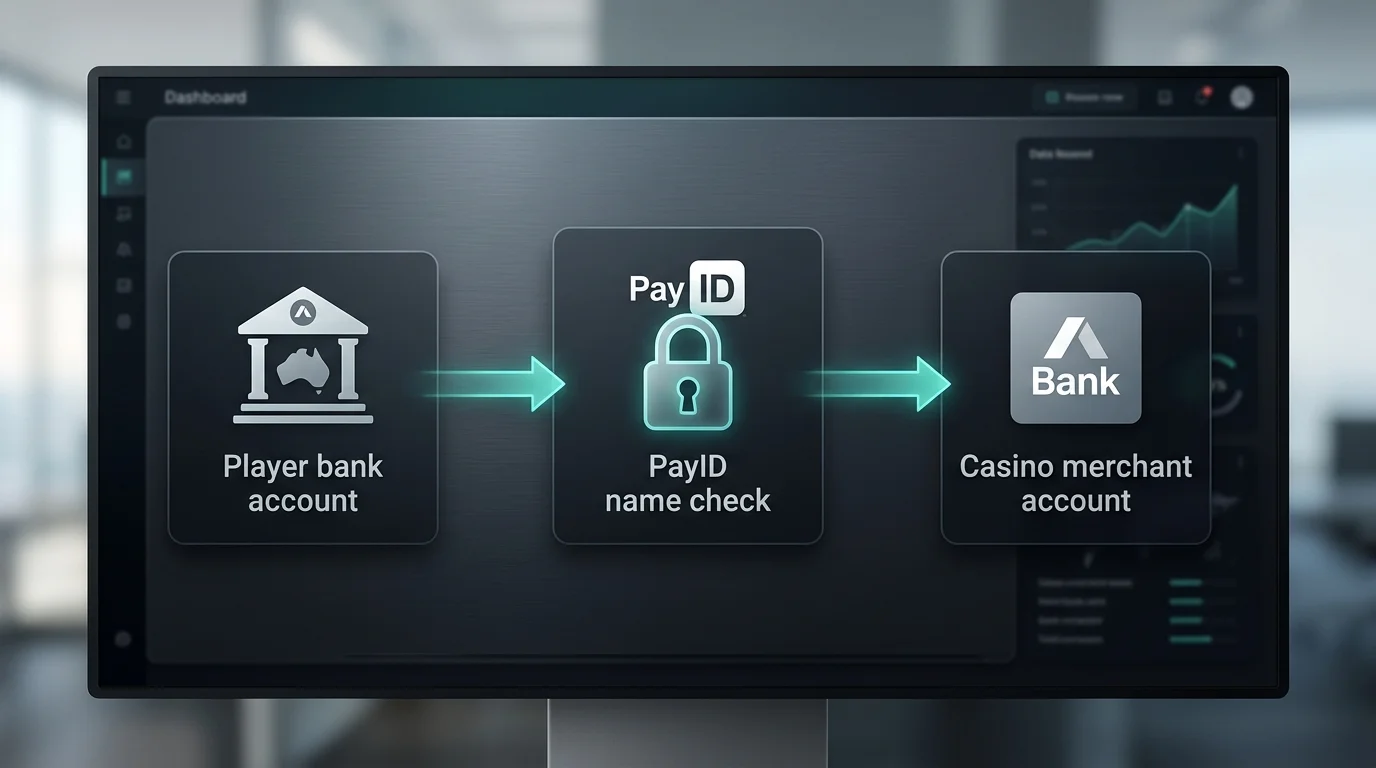 Diagram of the PayID name verification handshake between a player bank account and a casino merchant account