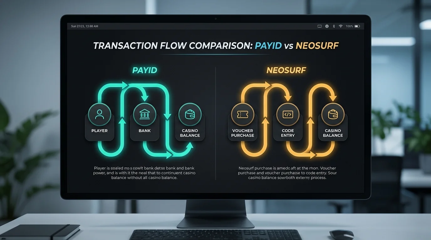 Diagram comparing PayID bank-rail transfer with Neosurf prepaid voucher redemption flow side by side