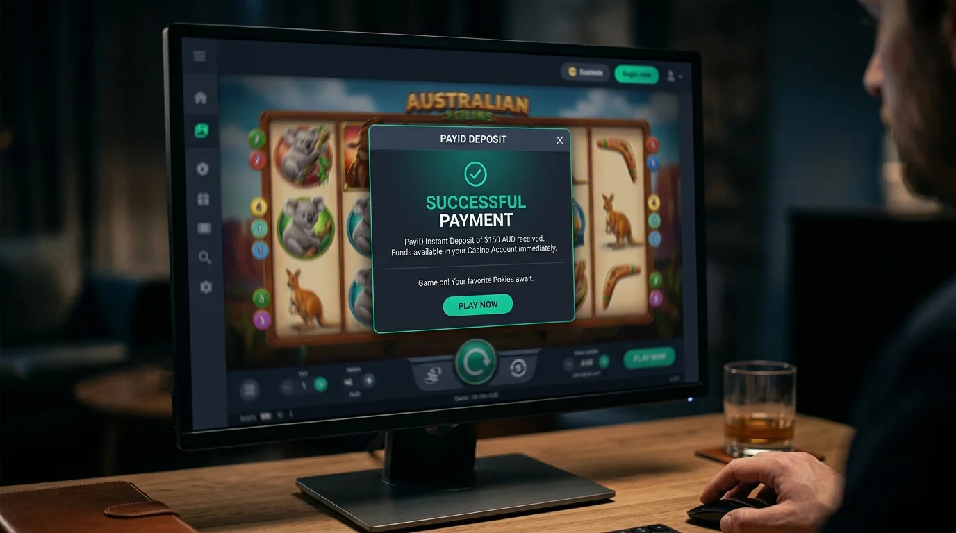 Aussie online pokies reels spinning with PayID instant deposit confirmation on a dark dashboard