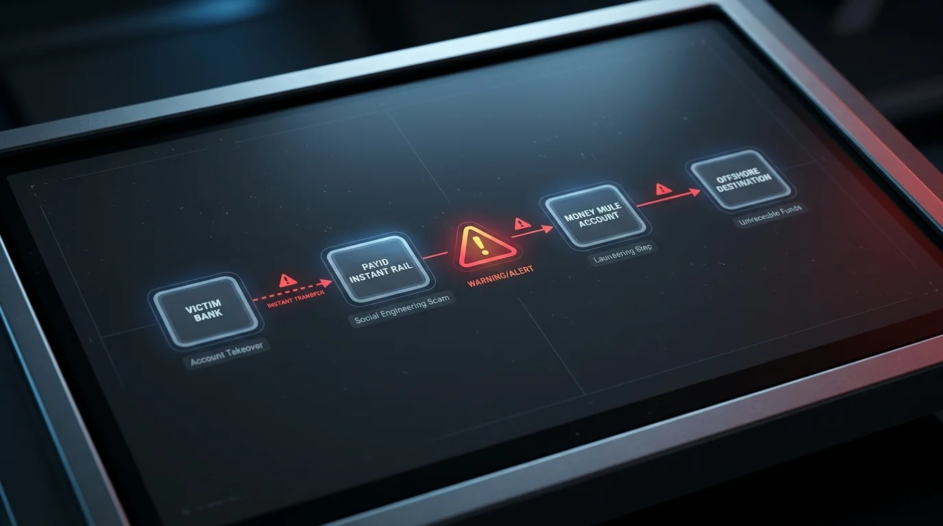 Diagram explaining why scammers prefer PayID as a transfer rail for instant offshore movement on a dark dashboard