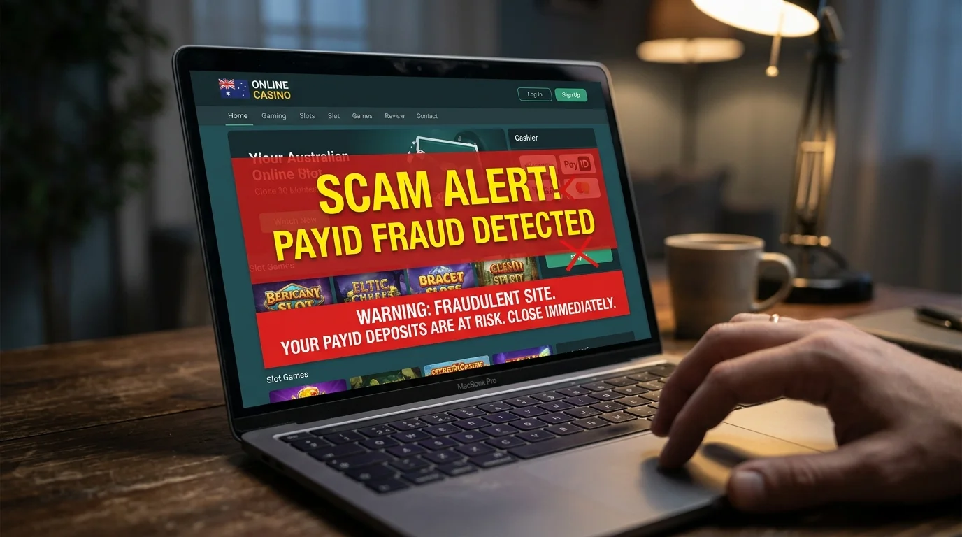 Fake casino website screenshot with red warning overlay marking the page as a scambling scam attempting to lure PayID deposits