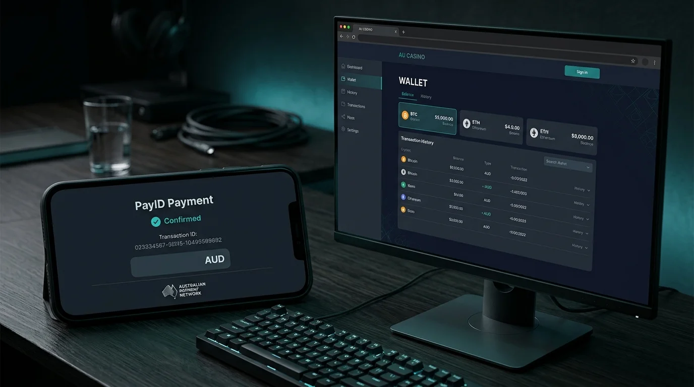 Smartphone showing PayID deposit confirmation beside a desktop monitor with a generic crypto wallet interface on a dark dashboard
