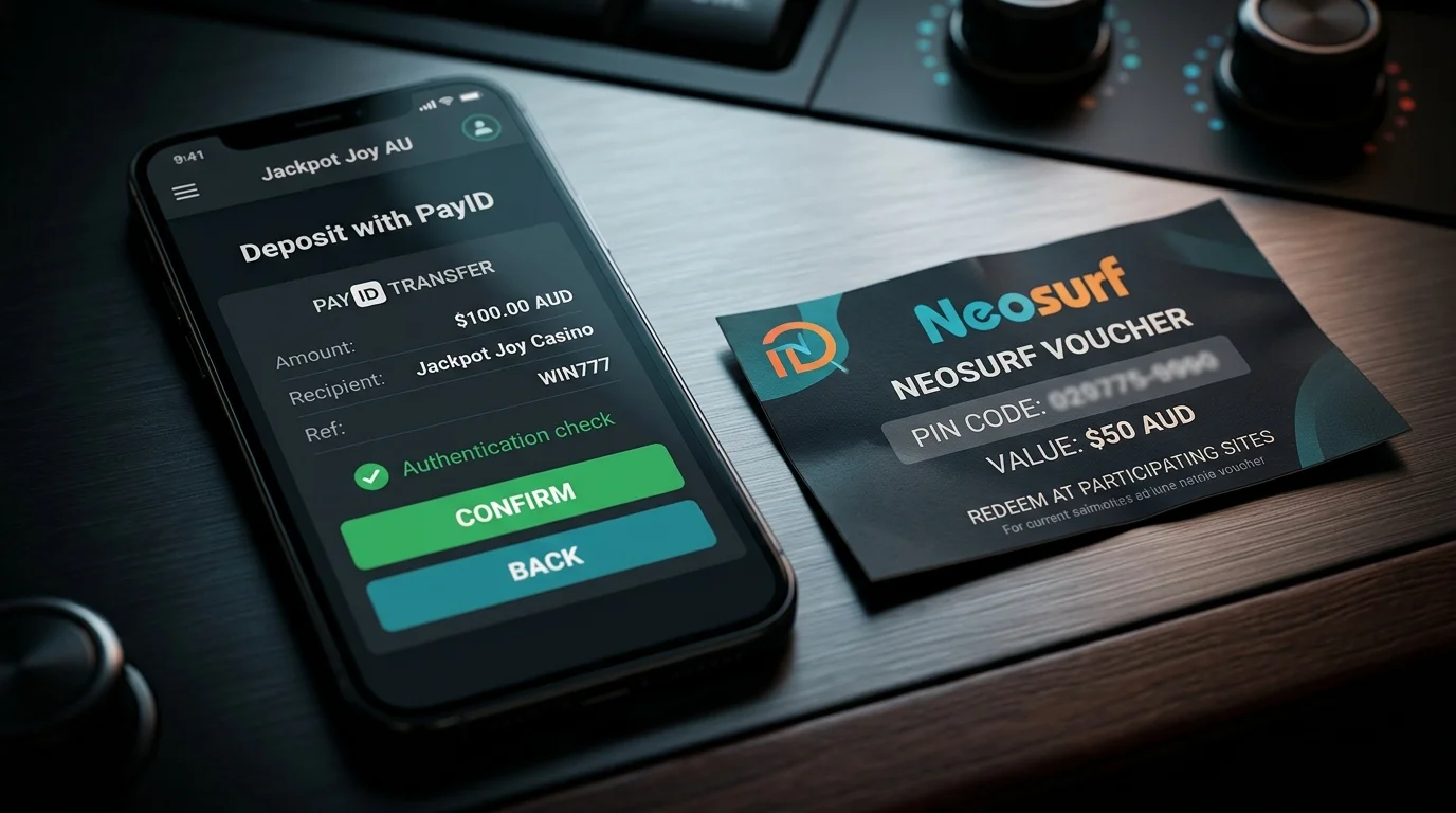 Side-by-side comparison of a PayID transfer screen and a Neosurf prepaid voucher code on a dark dashboard
