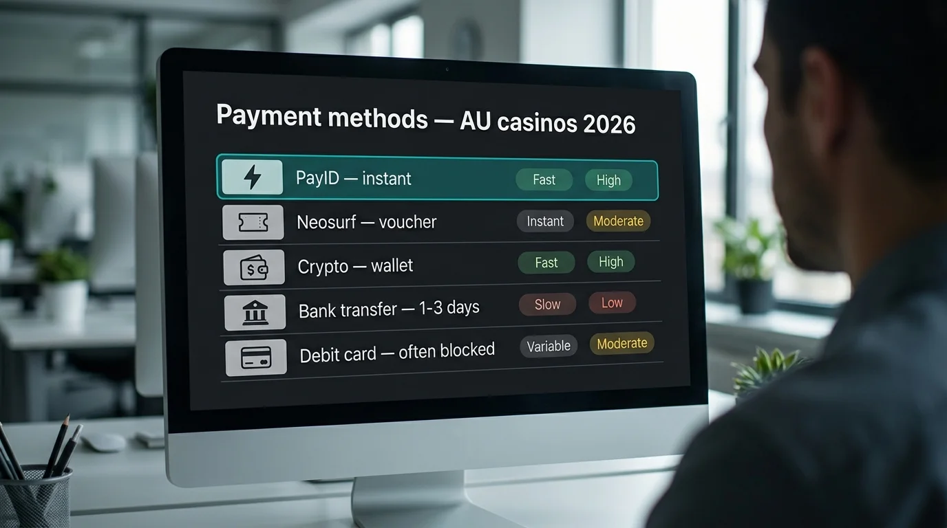 Side-by-side comparison panel of PayID Neosurf crypto and bank transfer payment rails