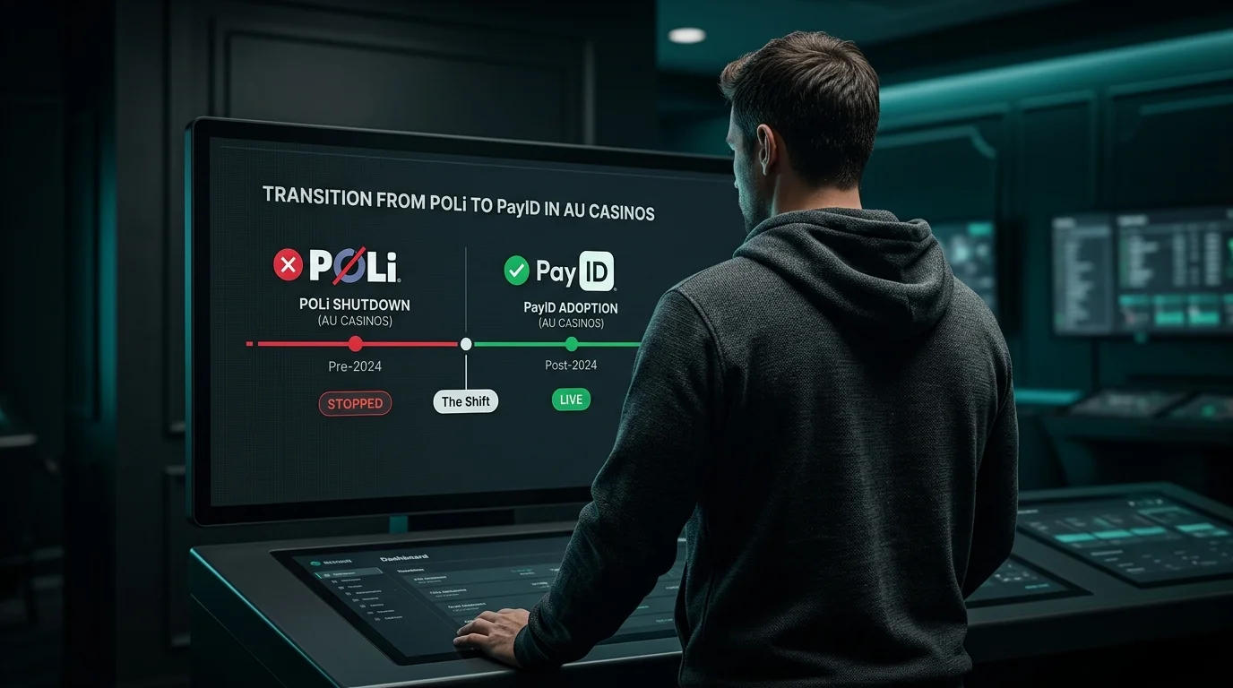 Timeline graphic showing the transition from POLi shutdown to PayID adoption at Australian online casinos on a dark dashboard
