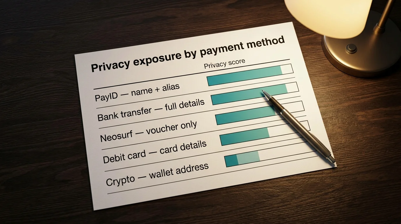 Payment method privacy comparison showing data exposure across rails