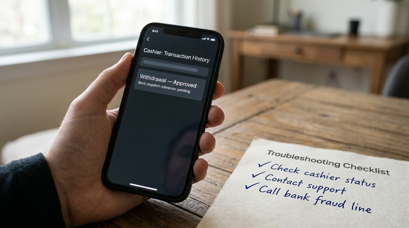 Pending withdrawal status panel with troubleshooting checklist