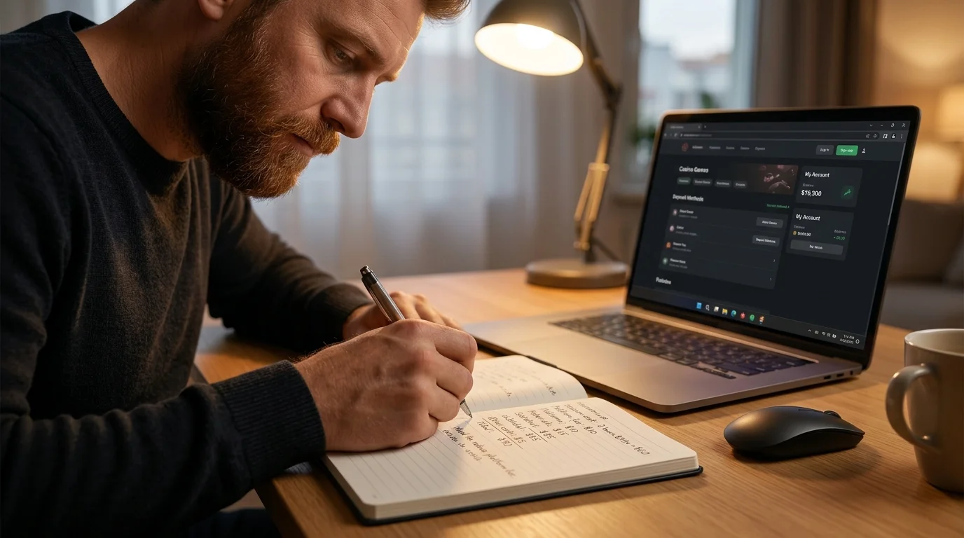 Person sitting at a desk working out a session-cost breakdown by hand in a notebook beside an open laptop