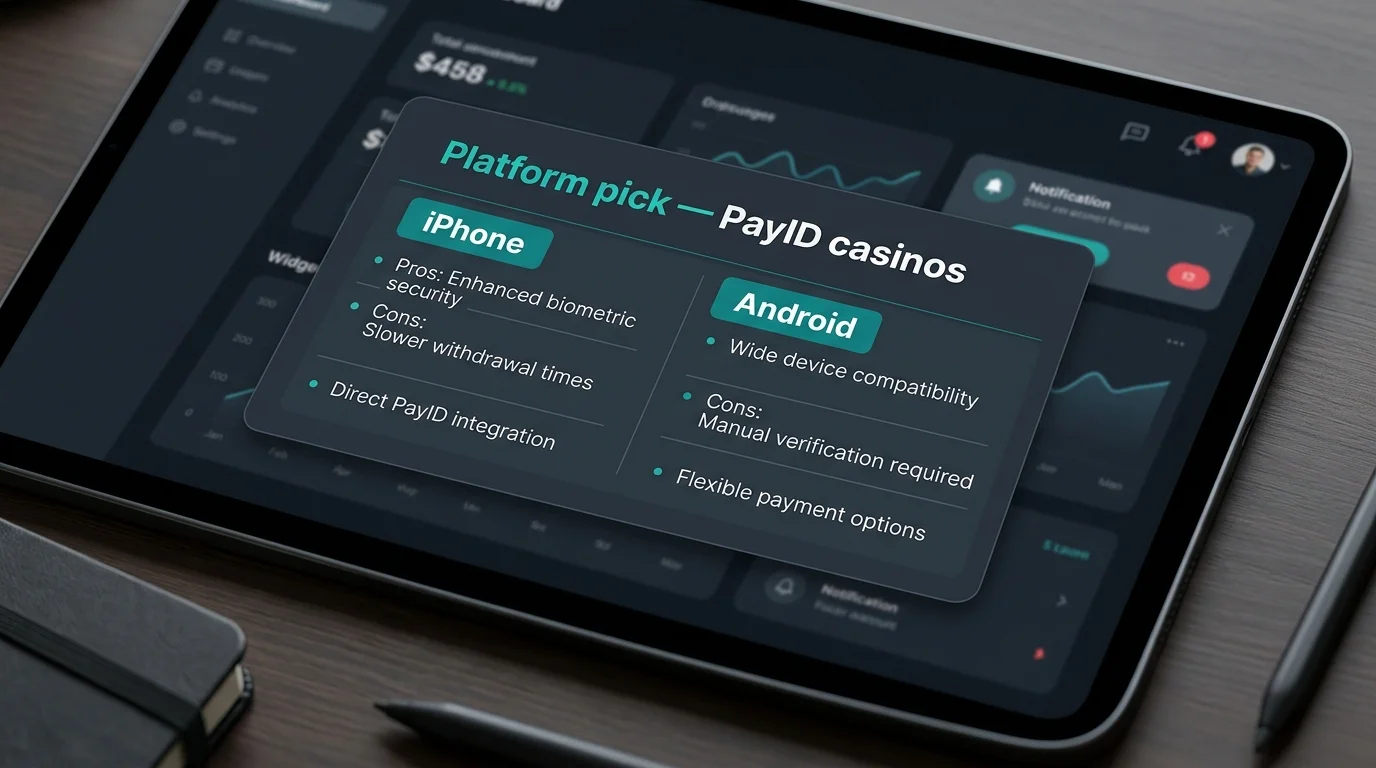 Platform choice summary card listing iOS and Android pros and cons for PayID casino use on a dark dashboard