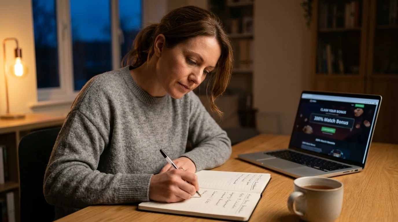 Person at a desk working through a bonus value scenario on a notebook beside a laptop showing a casino bonus page
